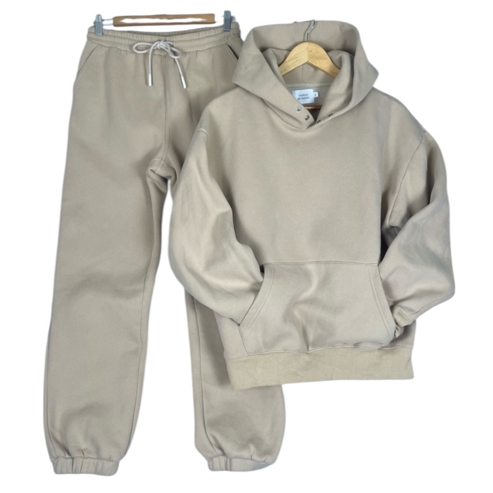 Things Between Fleece Sweatsuit Womens Small Heavyweight Beige Hoodie & Pants